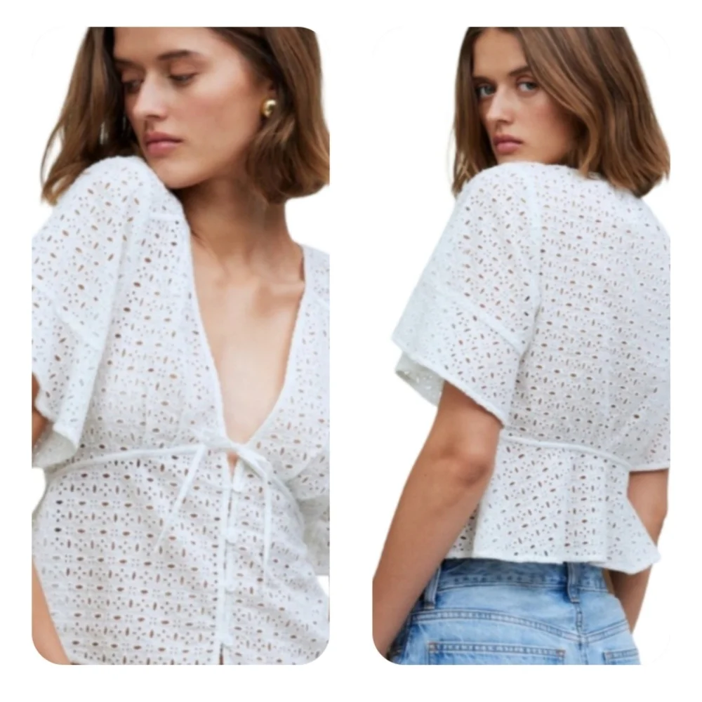 Madewell Lua Eyelet Lace White Cotton Blouse Wrap Top Size S NWT - Picture 4 of 12